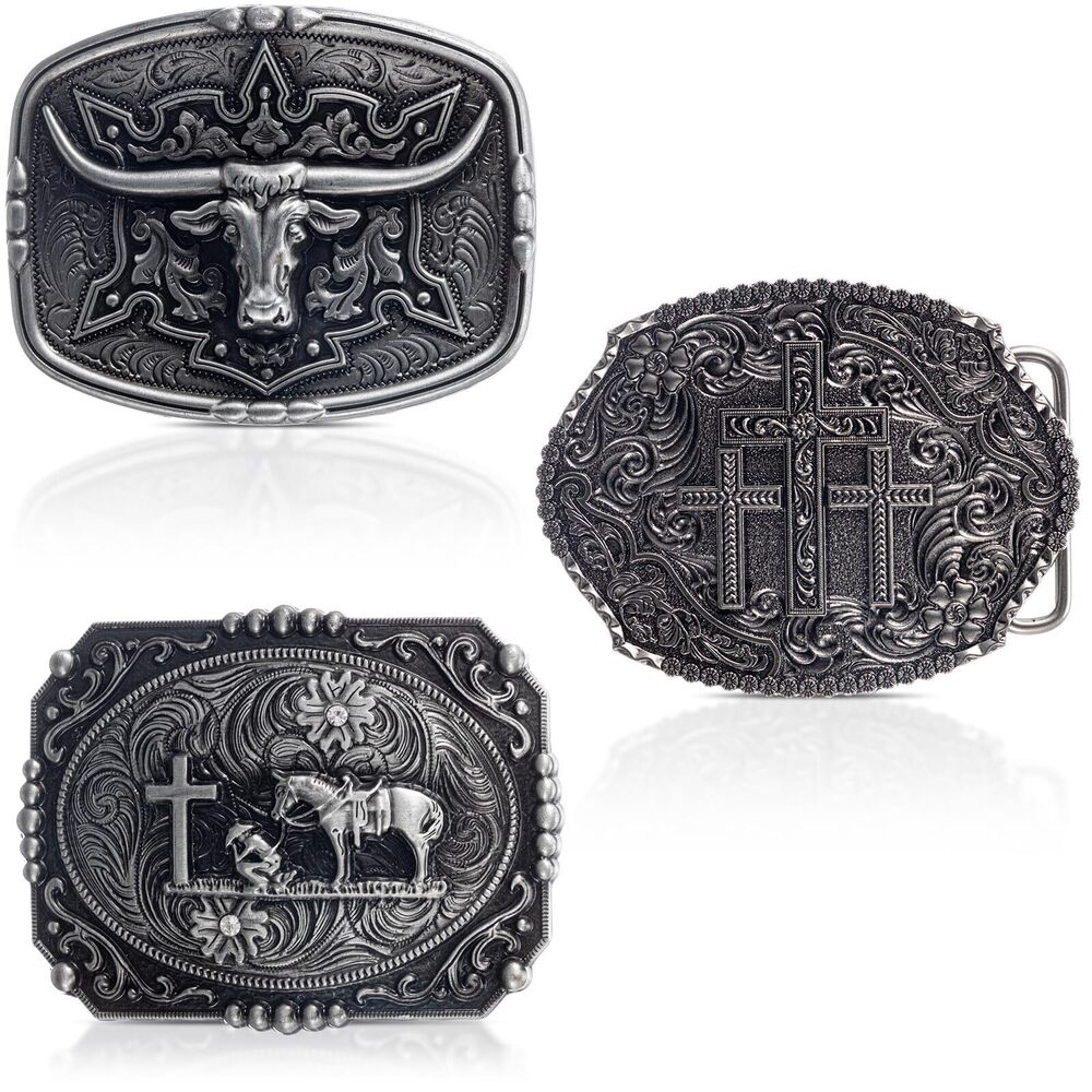 5389 3 Pcs Western Rodeo Belt Buckle Cowboy Cowgirl Cross Vintage Religion